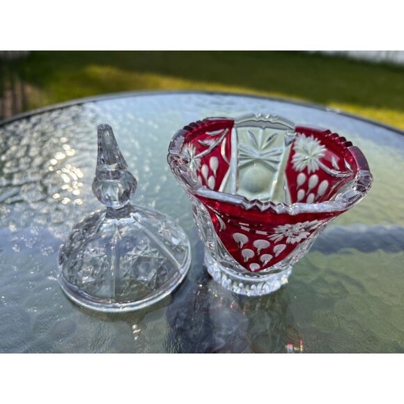 Vintage Anna Hutte Bleikristall Glass Candy Dish Jar Footed Lidded Cranberry Red - Picture 5 of 7
